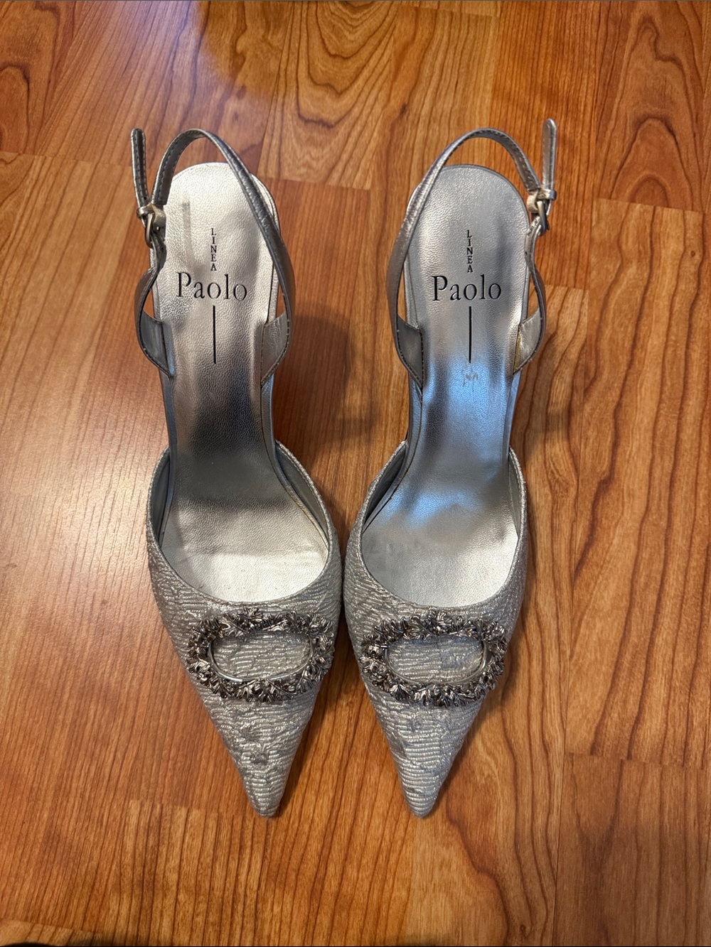 Paolo Metallic Silver Pointed Toe Slingback Heels with Embellished Buckle